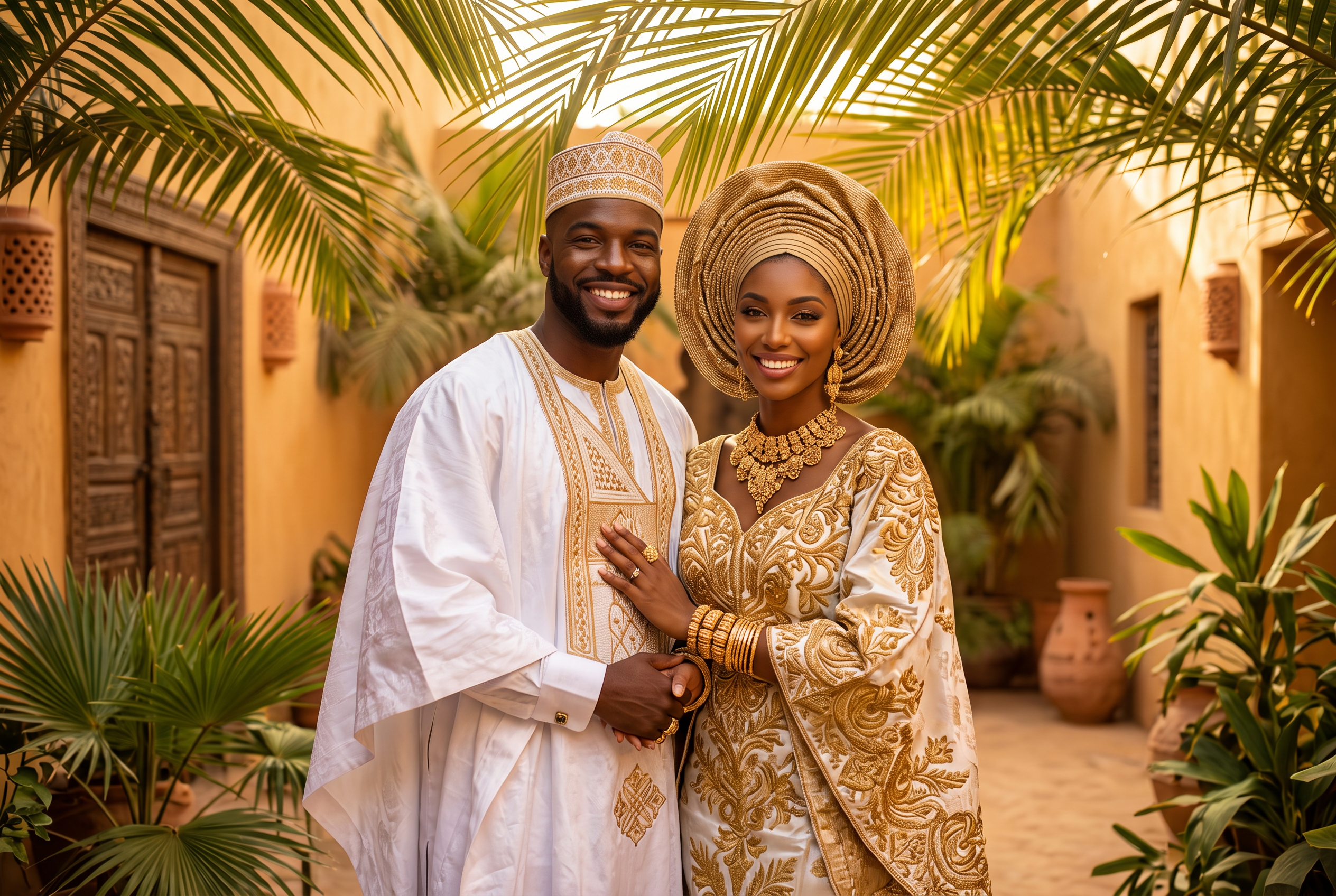 Aïcha et Malick en tenues traditionnelles blanc et or dans une cour ombragée