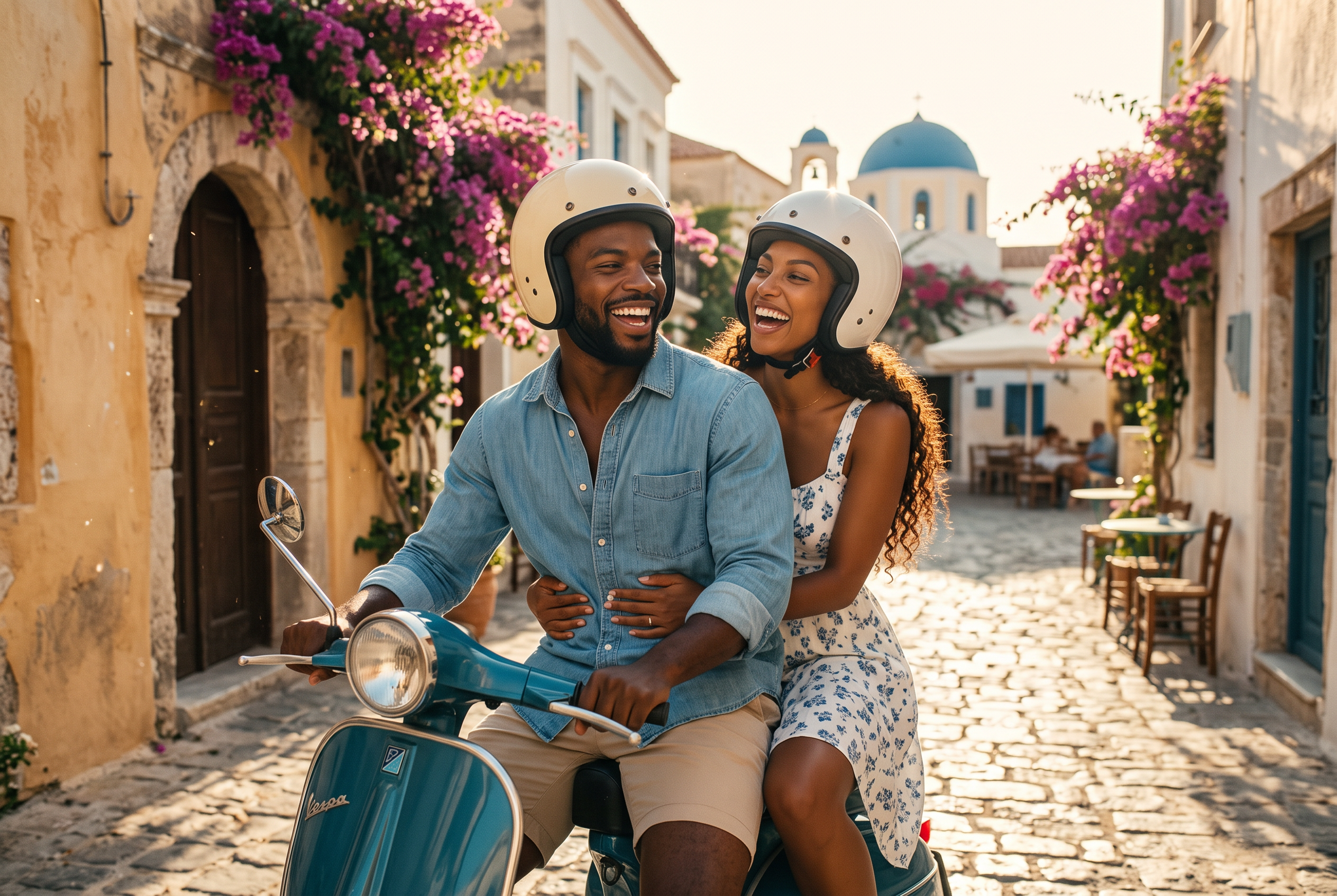 Le couple riant sur un scooter dans une ruelle ensoleillée