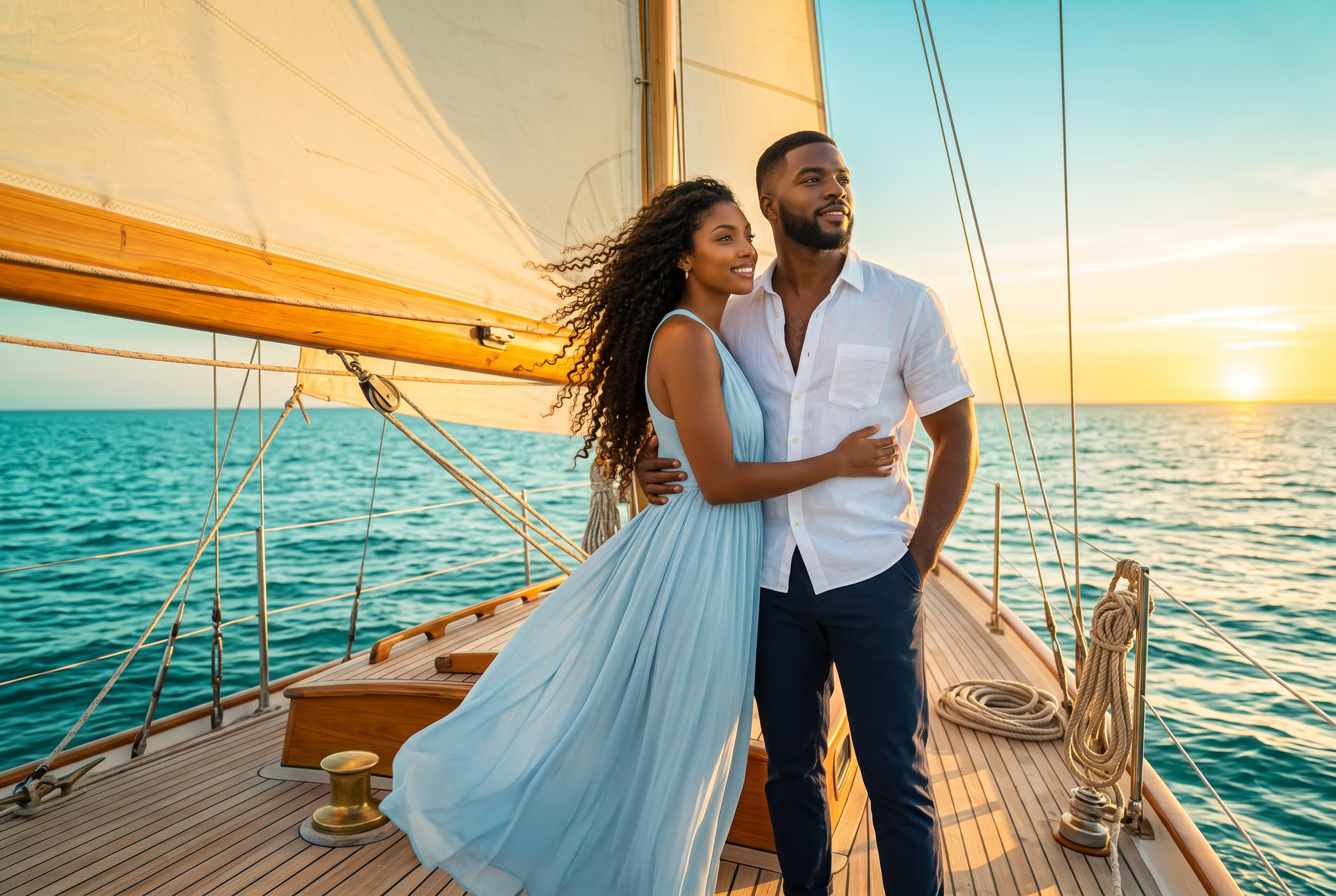 Aïcha et Malick sur le pont d'un voilier au coucher du soleil